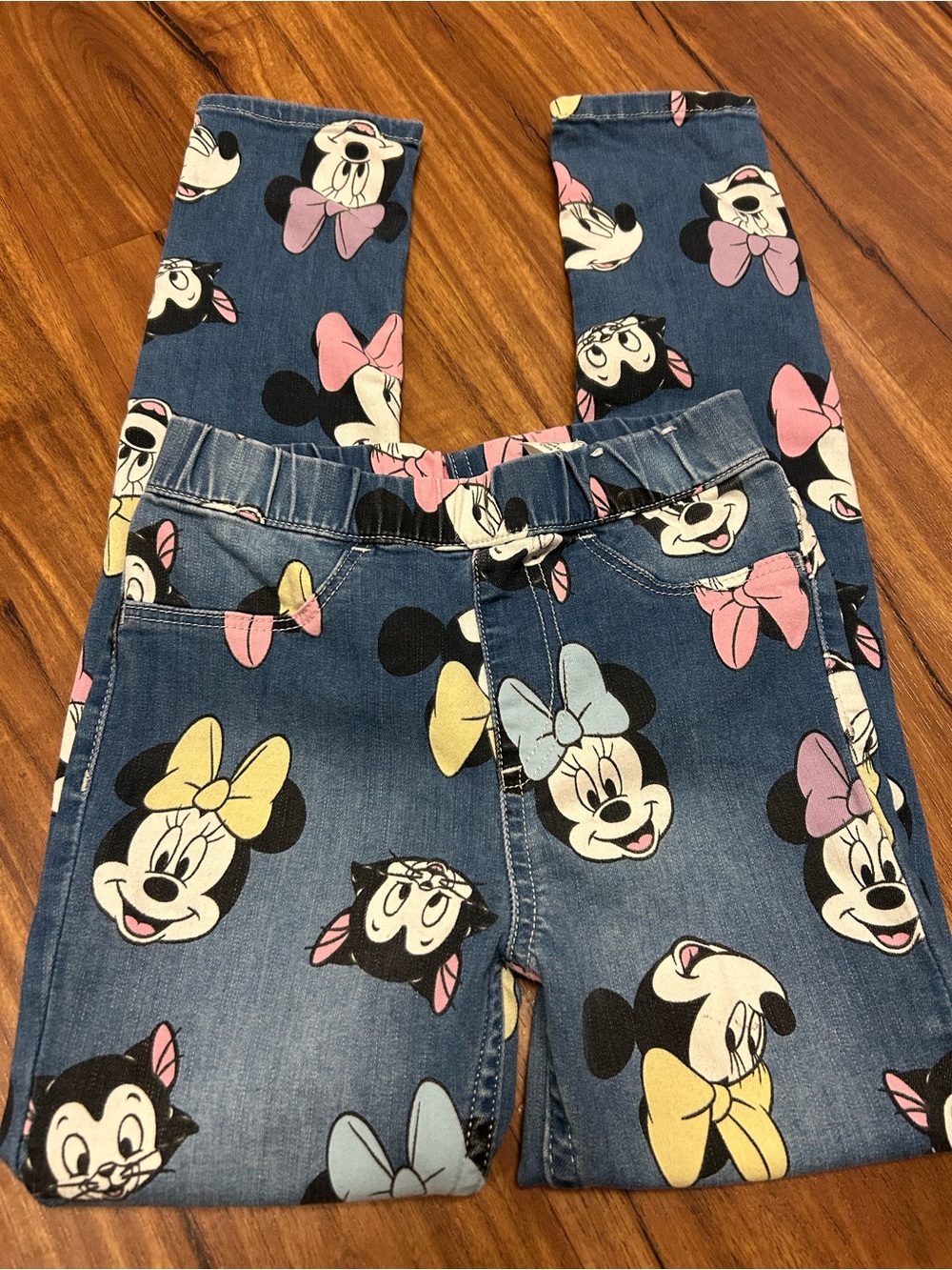 H&M Blue Minnie Mouse Denim-Look Leggings with Pink & Yellow Bows
